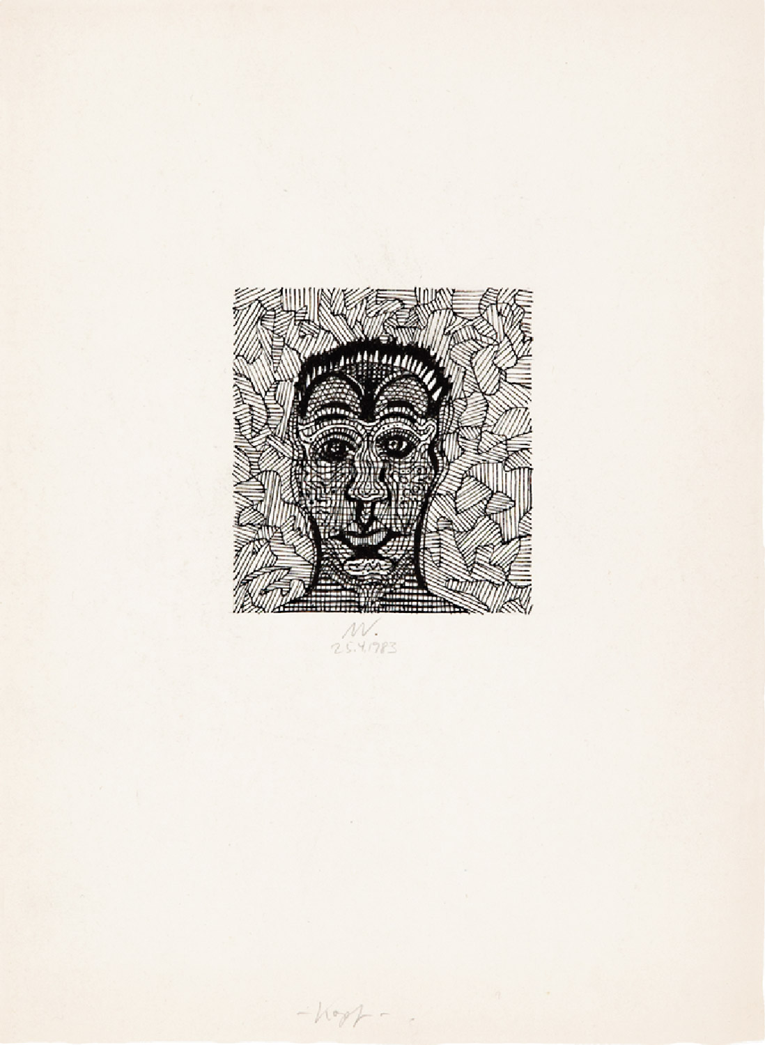 Michael Voll (1948–2026), Kopf 1983, Federzeichnung, 14,5 × 10,5 cm